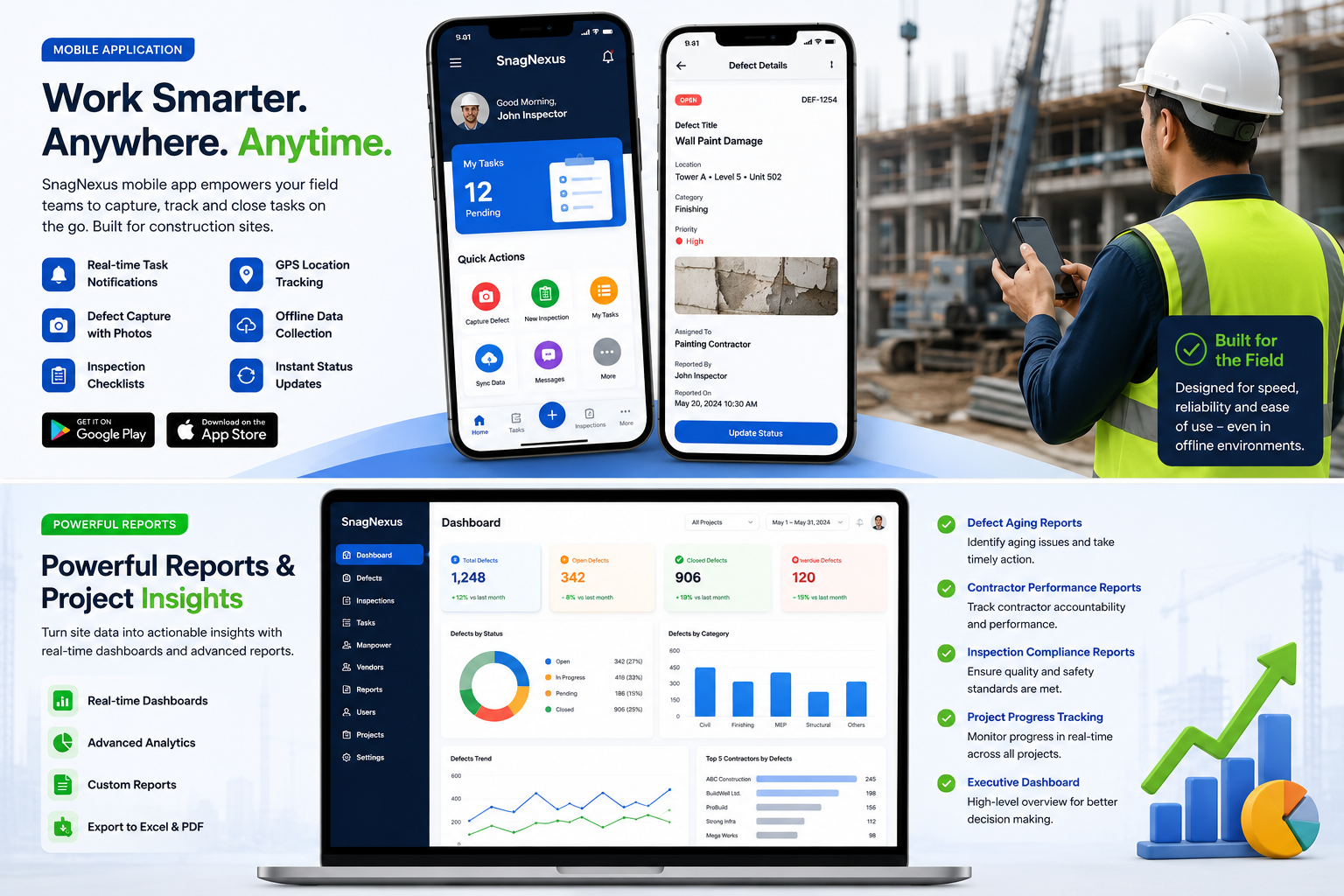 SnagNexus mobile application and reporting dashboard